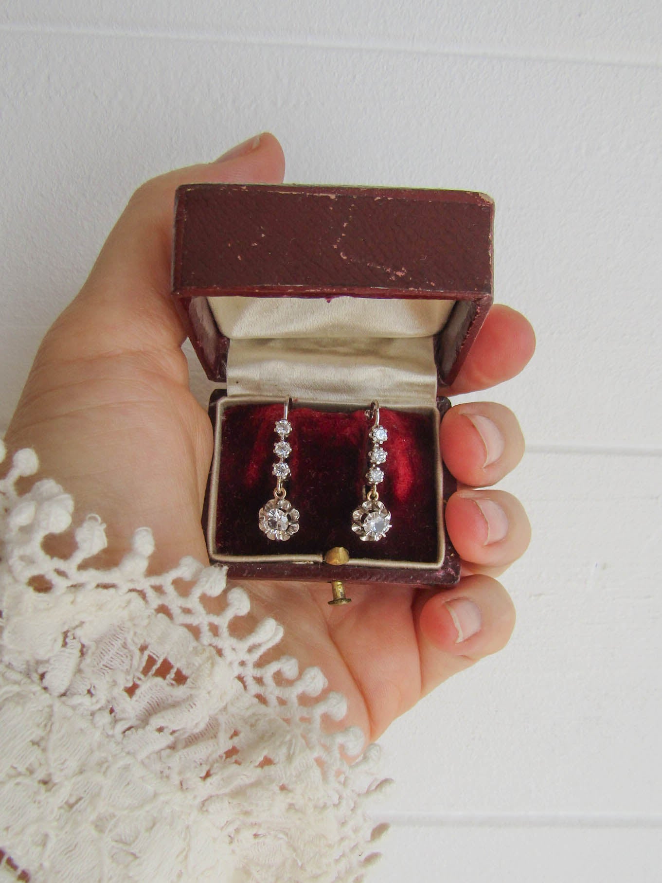 Antique Art Deco Drop Earrings, French White Gold Rock Crystal Earrings c. 1930