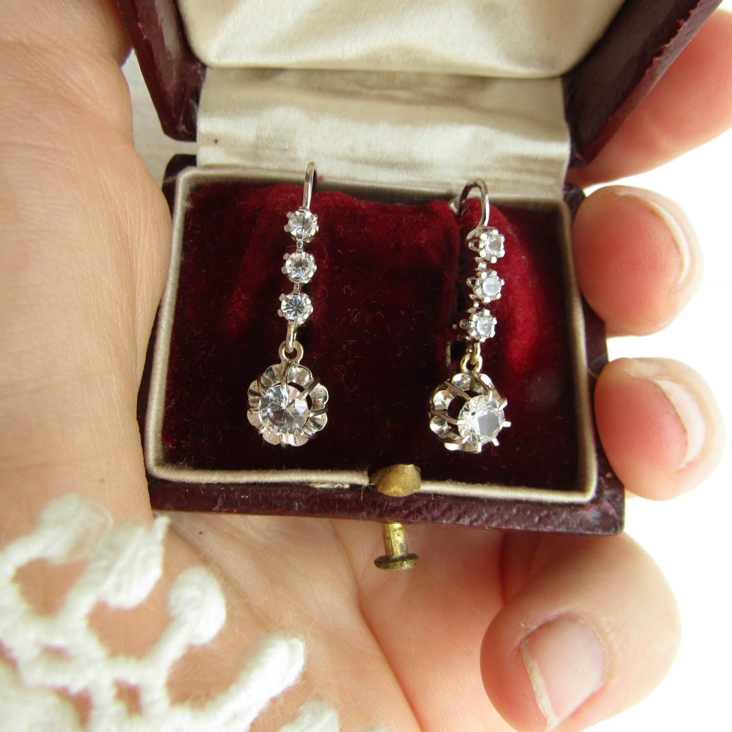 Antique Art Deco Drop Earrings, French White Gold Rock Crystal Earrings c. 1930