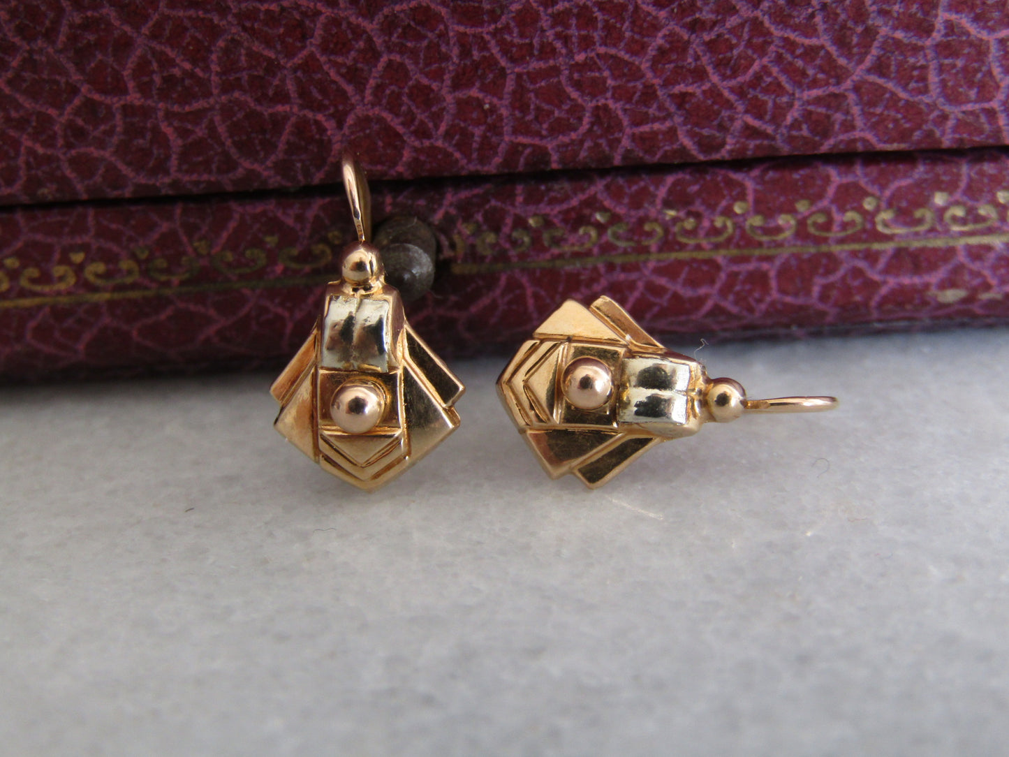 Antique French 18k Art Deco Sleeper Earrings, Bi Color Gold Geometric Earrings