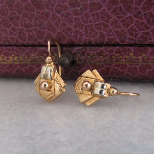 Antique French 18k Art Deco Sleeper Earrings, Bi Color Gold Geometric Earrings