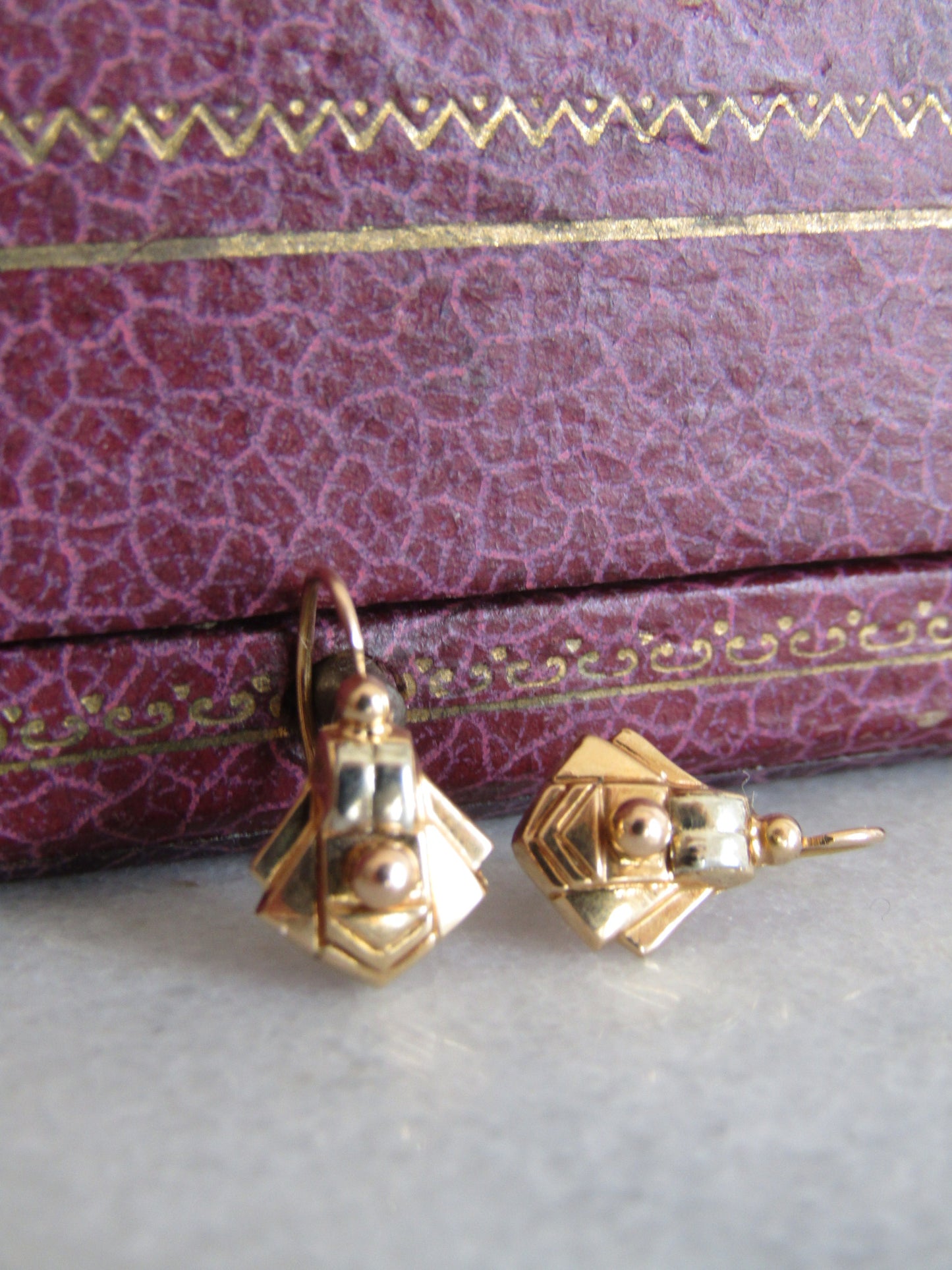 Antique French 18k Art Deco Sleeper Earrings, Bi Color Gold Geometric Earrings