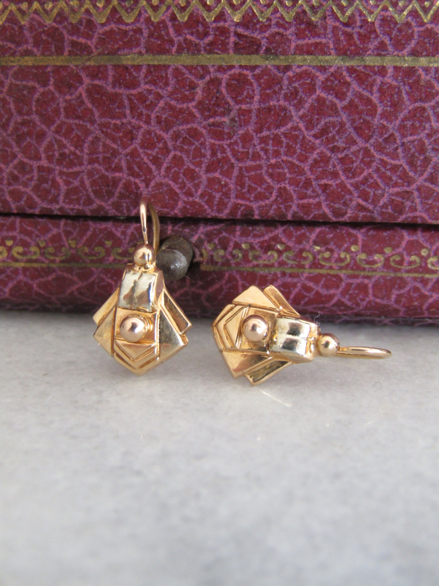 Antique French 18k Art Deco Sleeper Earrings, Bi Color Gold Geometric Earrings