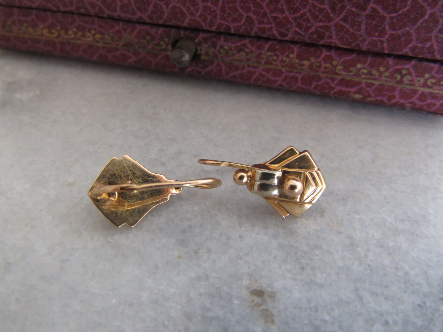 Antique French 18k Art Deco Sleeper Earrings, Bi Color Gold Geometric Earrings