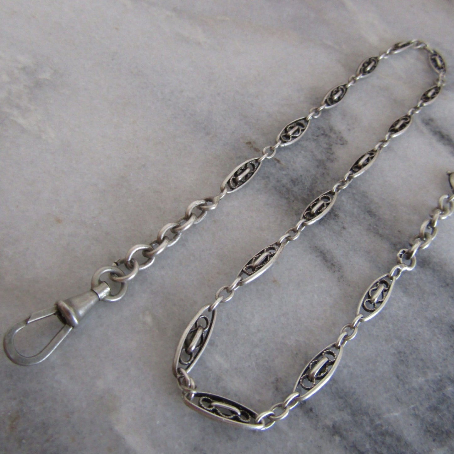 Antique French Belle Epoque Silver Watch Chain, Victorian Filigree Chain