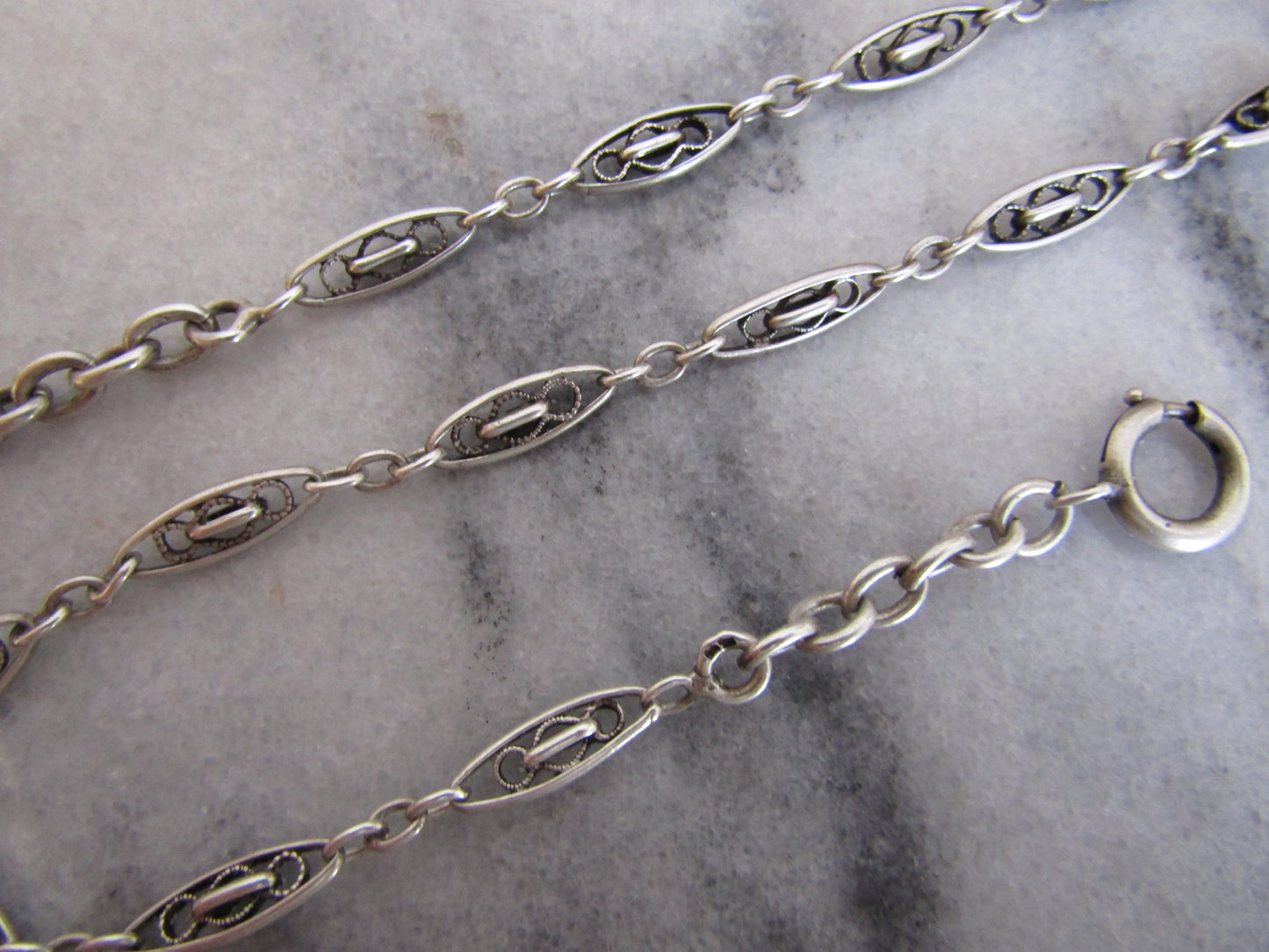 Antique French Belle Epoque Silver Watch Chain, Victorian Filigree Chain