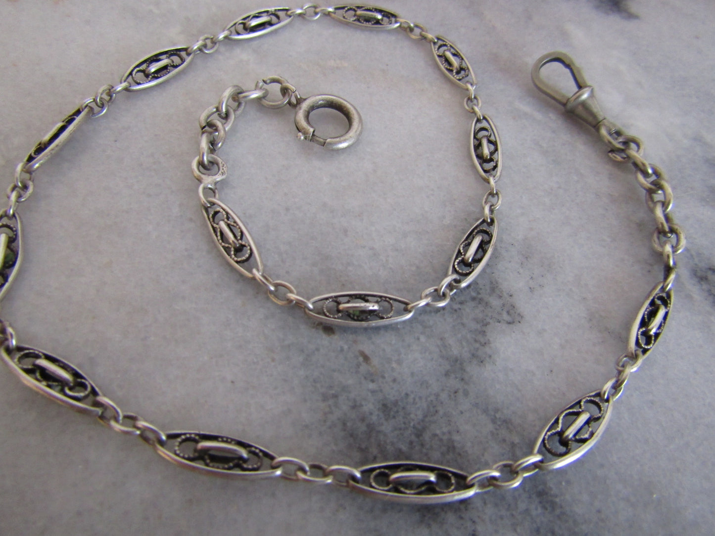 Antique French Belle Epoque Silver Watch Chain, Victorian Filigree Chain