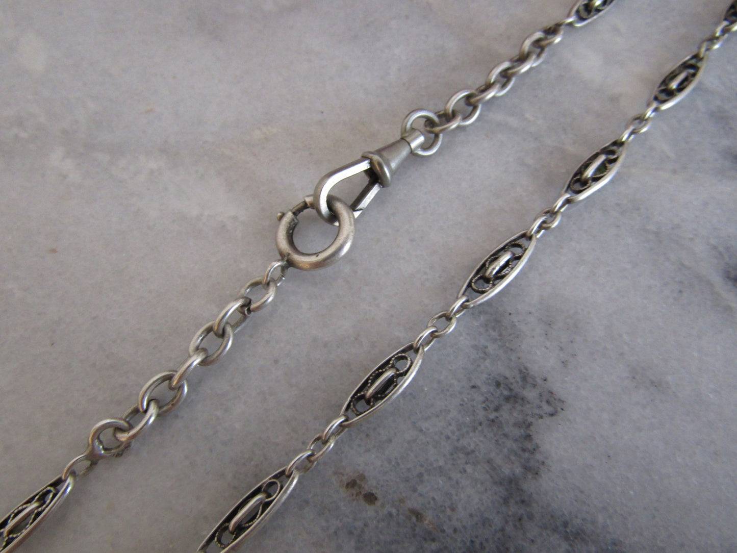 Antique French Belle Epoque Silver Watch Chain, Victorian Filigree Chain