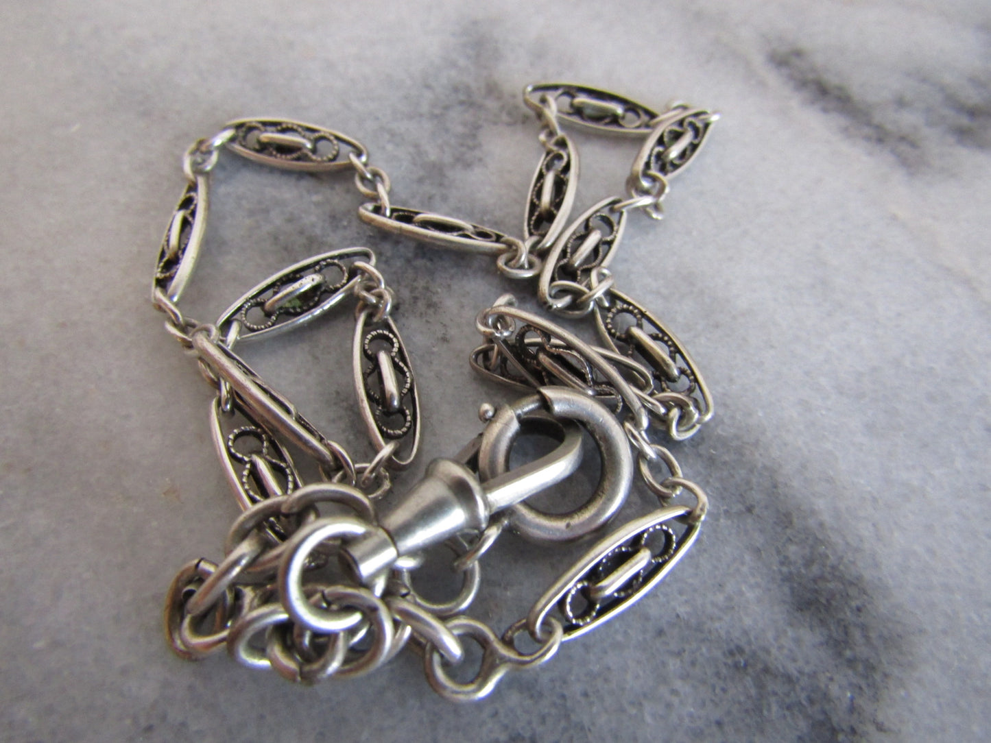 Antique French Belle Epoque Silver Watch Chain, Victorian Filigree Chain