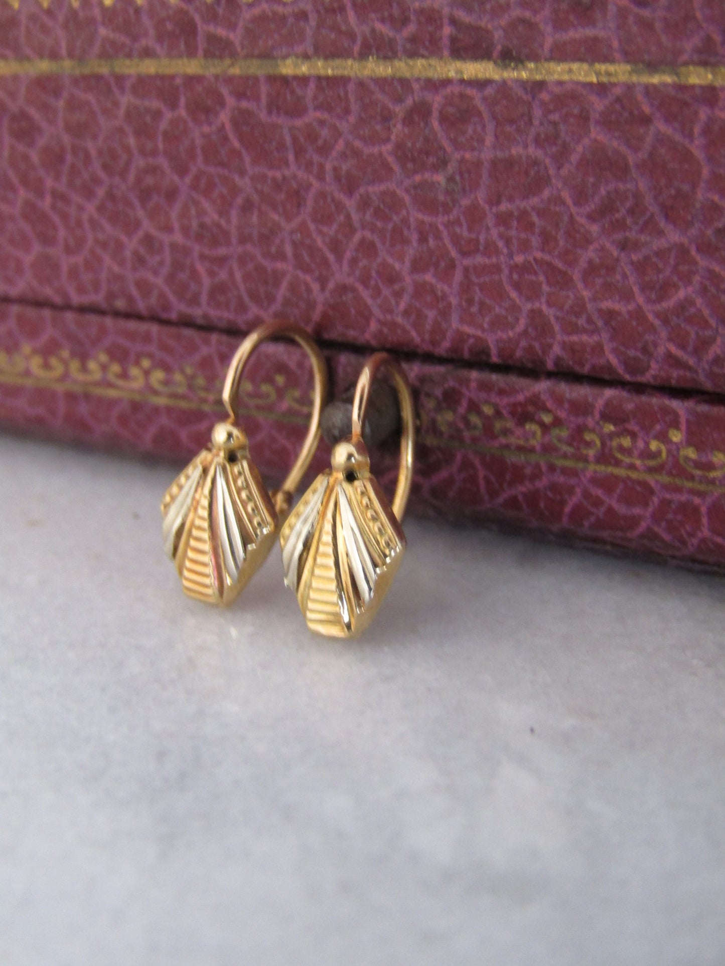 Antique 18K Art Deco Drop Earrings, Petite Antique 18k Gold Earrings