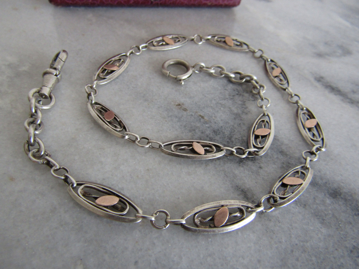 15" Antique French Silver Watch Chain with Rose Gold Fill