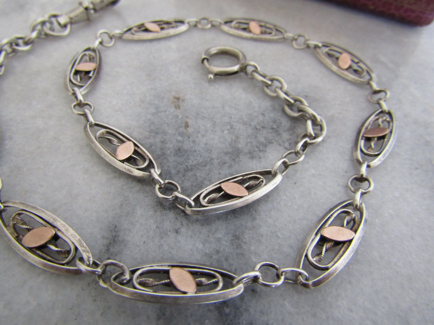 15" Antique French Silver Watch Chain with Rose Gold Fill