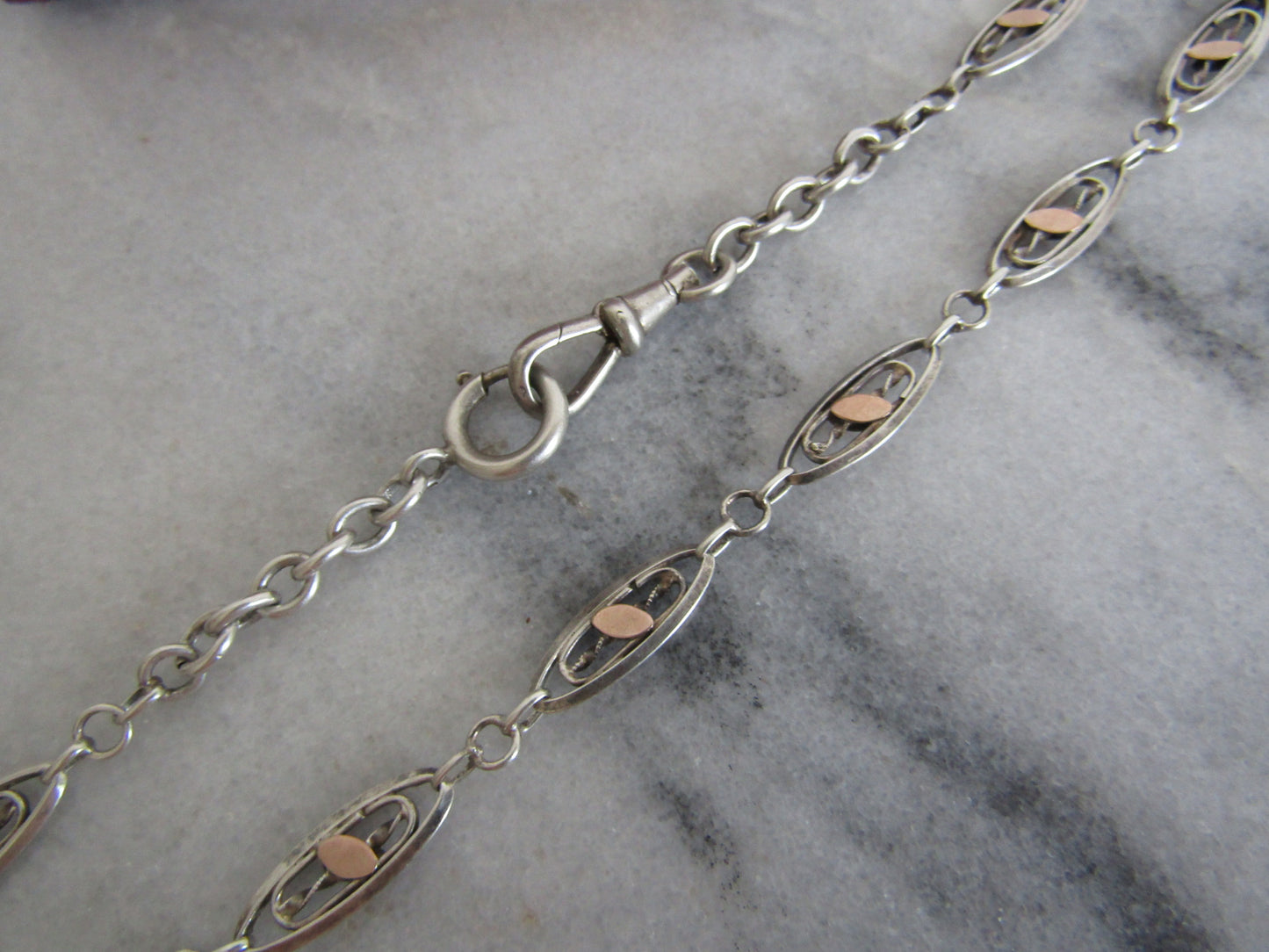 15" Antique French Silver Watch Chain with Rose Gold Fill