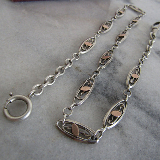 15" Antique French Silver Watch Chain with Rose Gold Fill