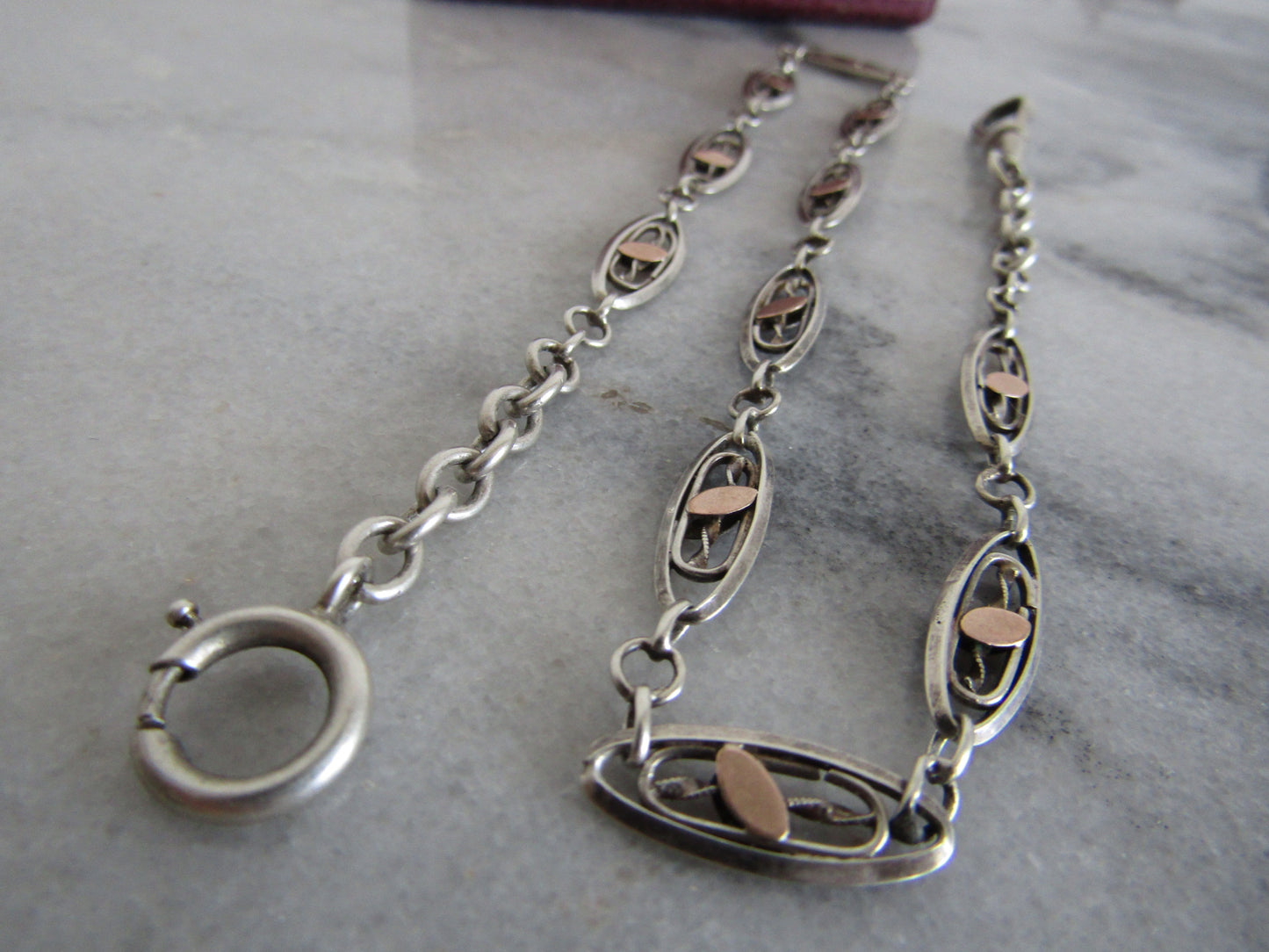 15" Antique French Silver Watch Chain with Rose Gold Fill