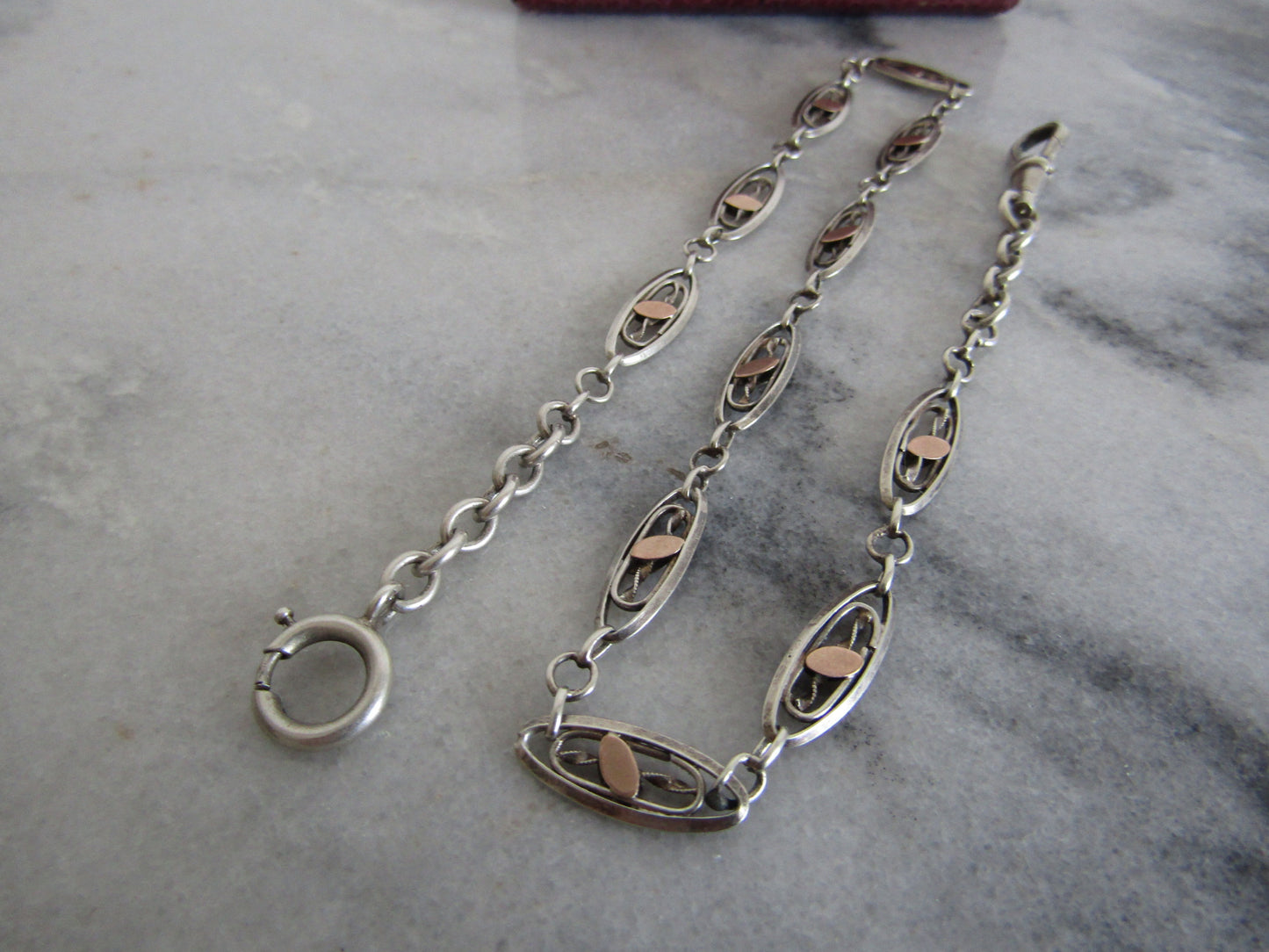 15" Antique French Silver Watch Chain with Rose Gold Fill