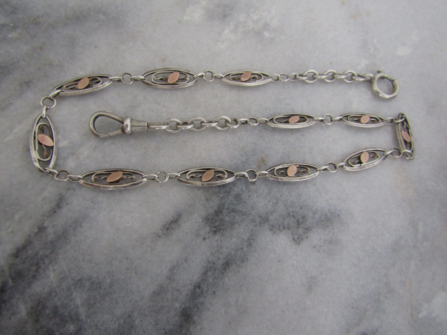 15" Antique French Silver Watch Chain with Rose Gold Fill