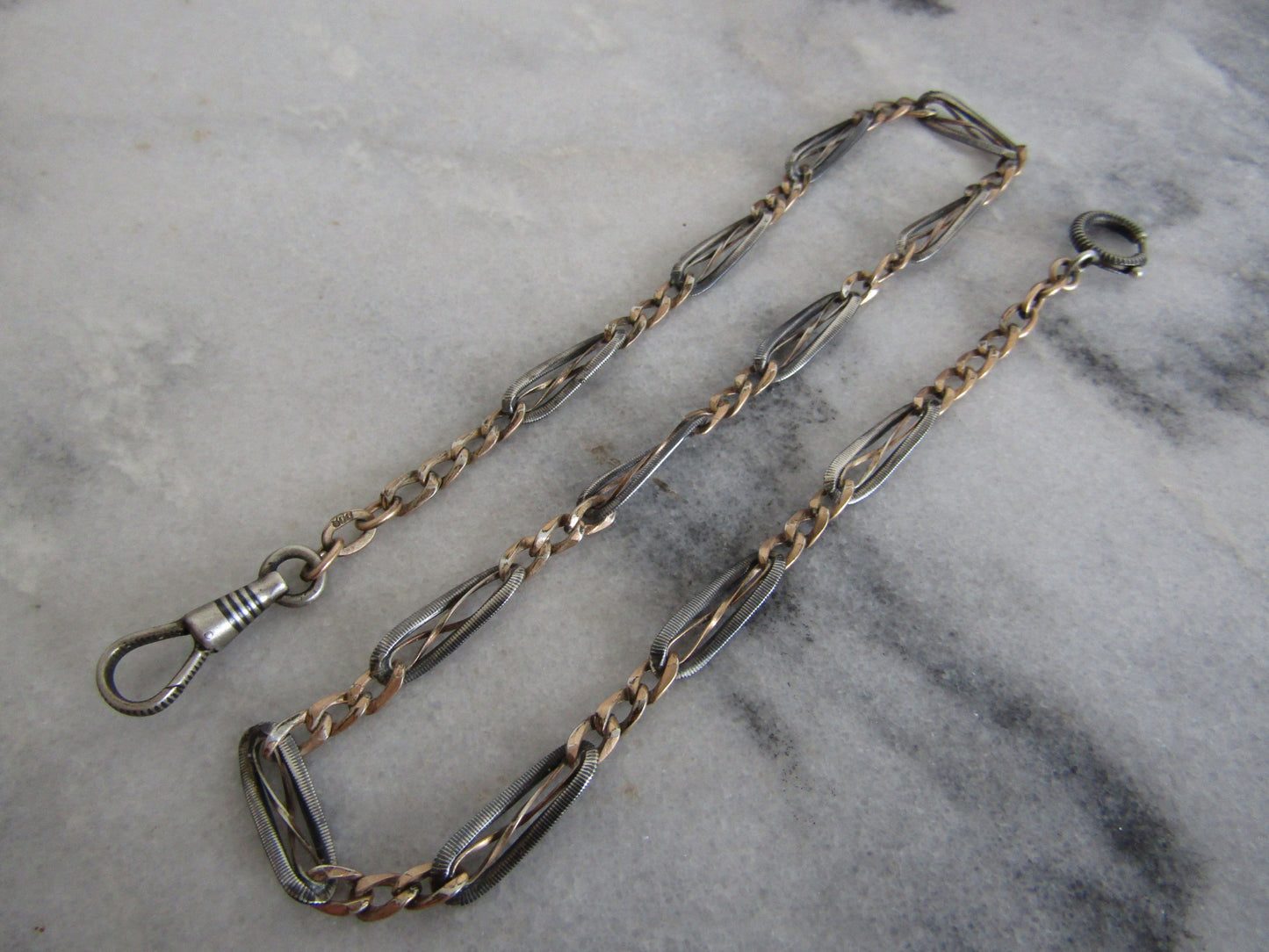 16" Niello and Rose Gold Fill Silver Watch Chain, Antique French Niello Necklace, XIX Century Watch Chain