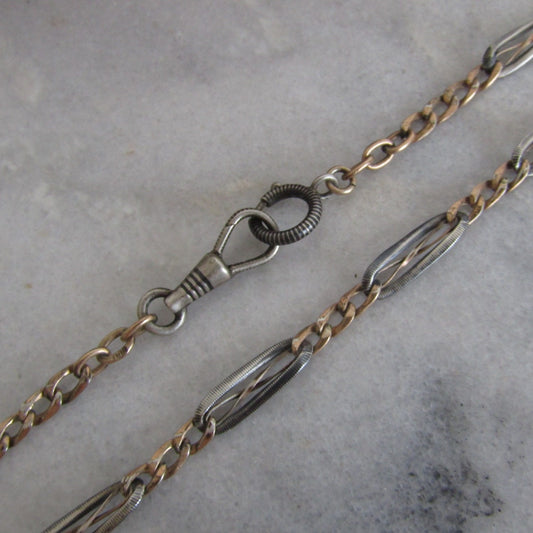 16" Niello and Rose Gold Fill Silver Watch Chain, Antique French Niello Necklace, XIX Century Watch Chain