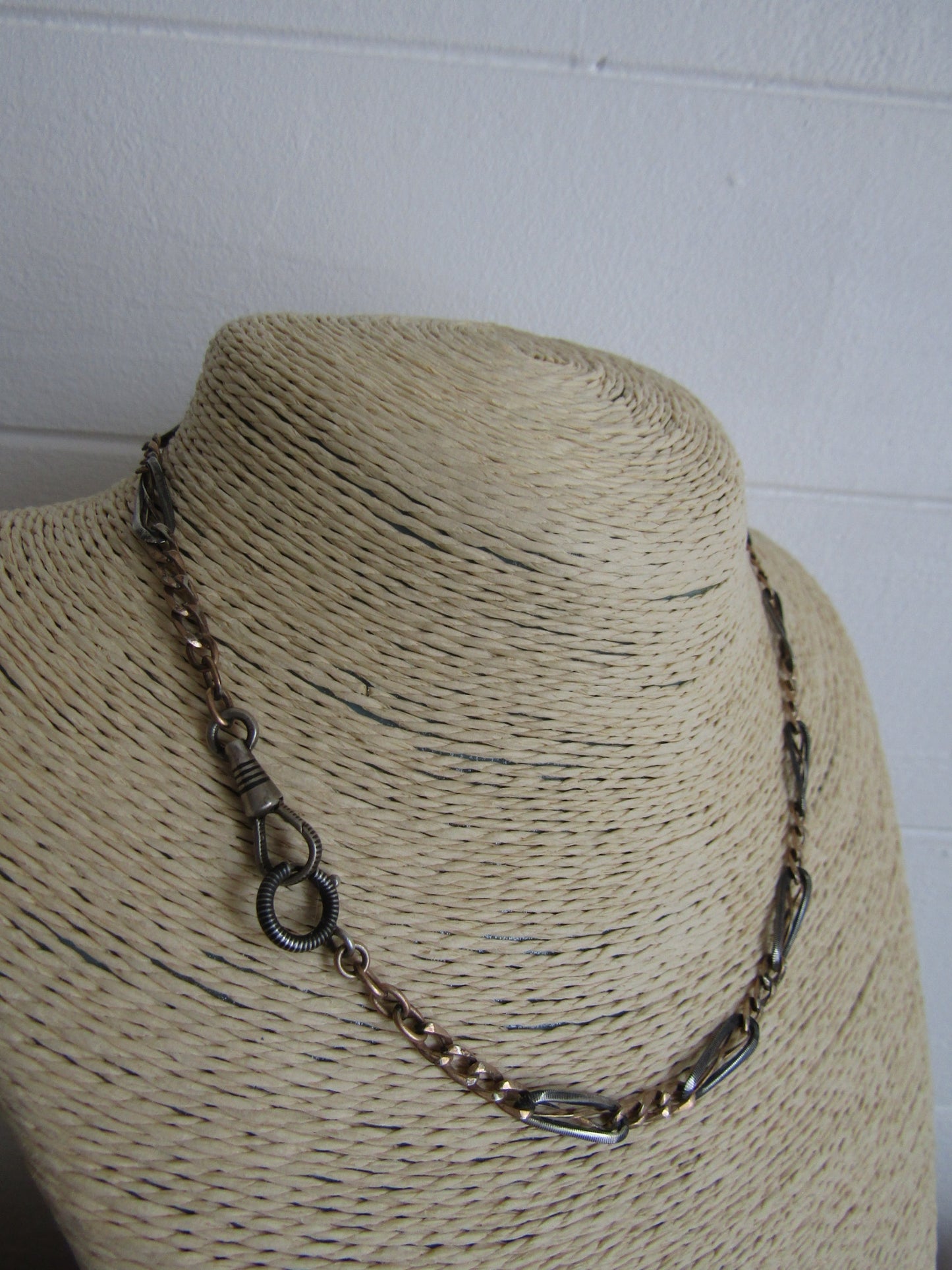 16" Niello and Rose Gold Fill Silver Watch Chain, Antique French Niello Necklace, XIX Century Watch Chain