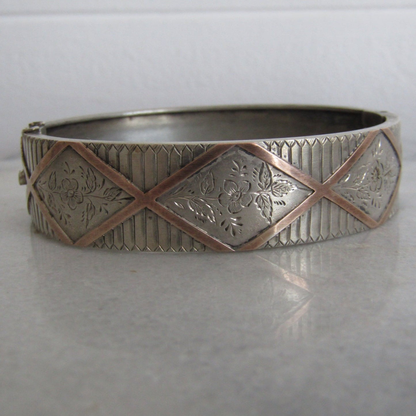 Antique French Victorian Silver & Rose Gold Vermeil Bangle, Belle Epoque Box Clasp Bangle Bracelet