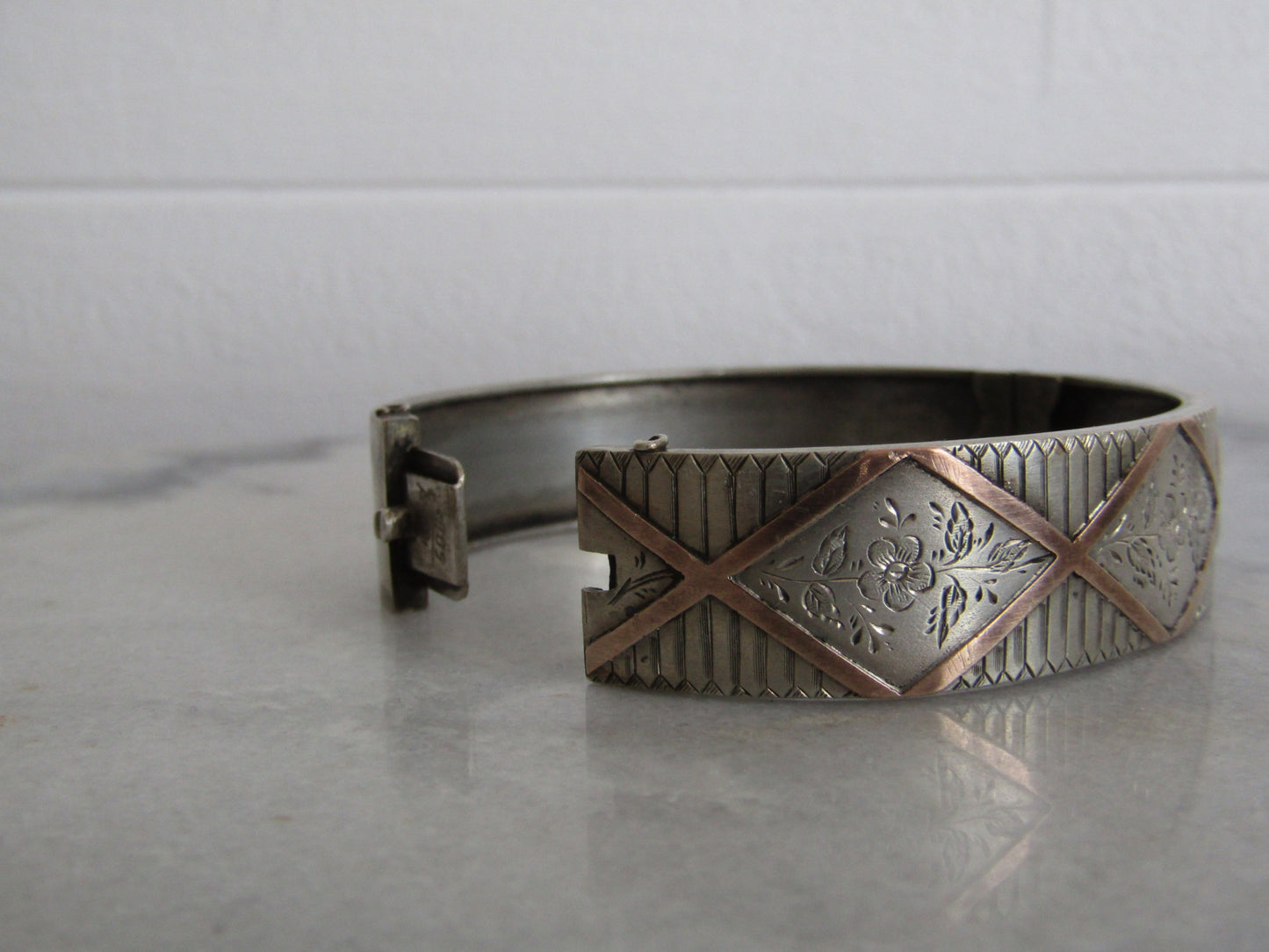 Antique French Victorian Silver & Rose Gold Vermeil Bangle, Belle Epoque Box Clasp Bangle Bracelet