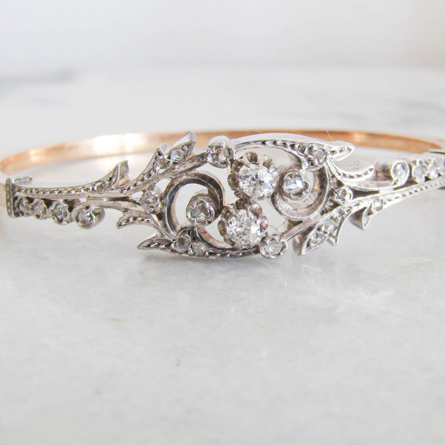 LAYAWAY 3/3 Antique 18K Diamond French Bangle Bracelet, Belle Epoque Art Nouveau Silver and Gold Bangle c. 1870