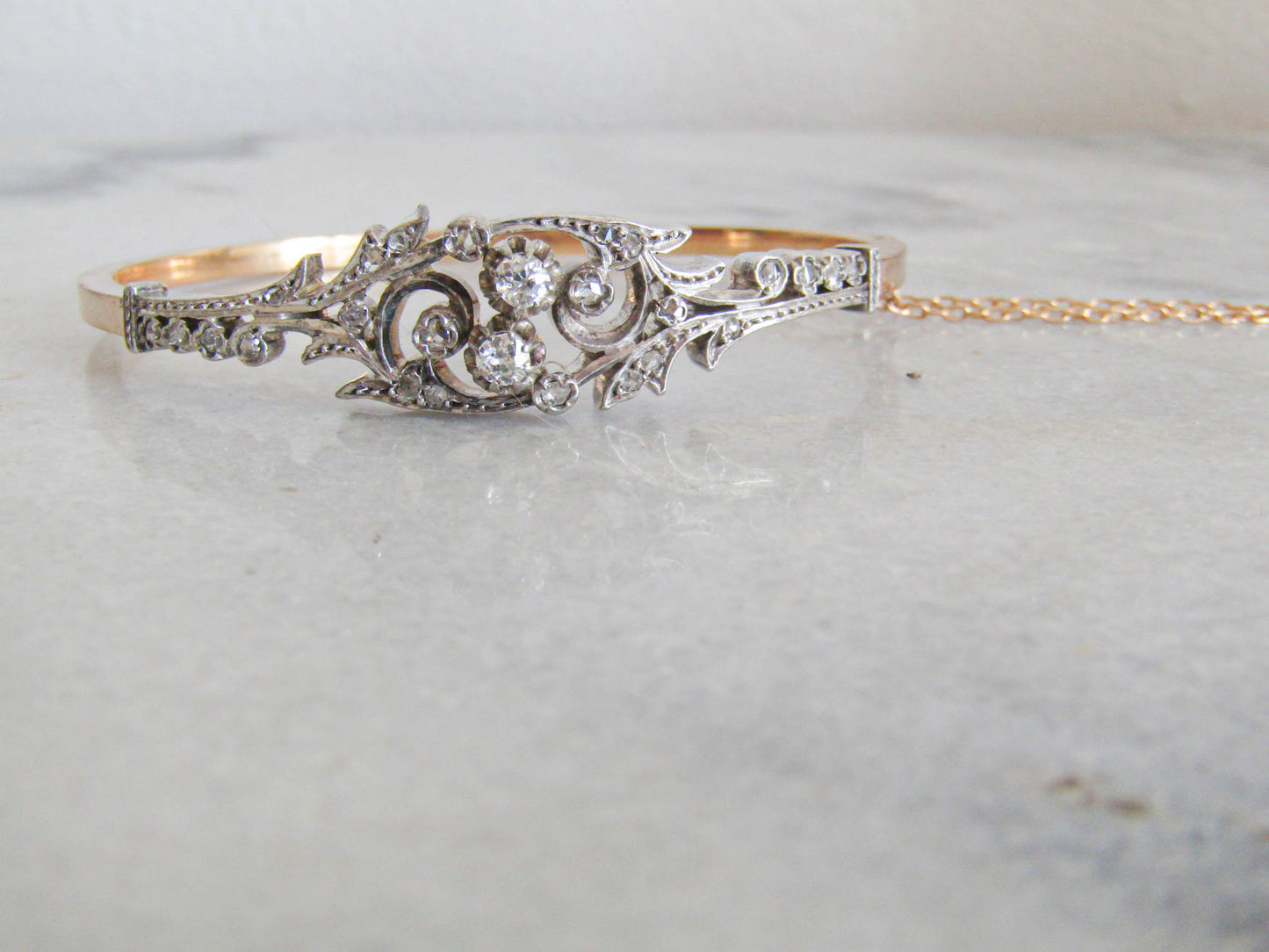 LAYAWAY 3/3 Antique 18K Diamond French Bangle Bracelet, Belle Epoque Art Nouveau Silver and Gold Bangle c. 1870