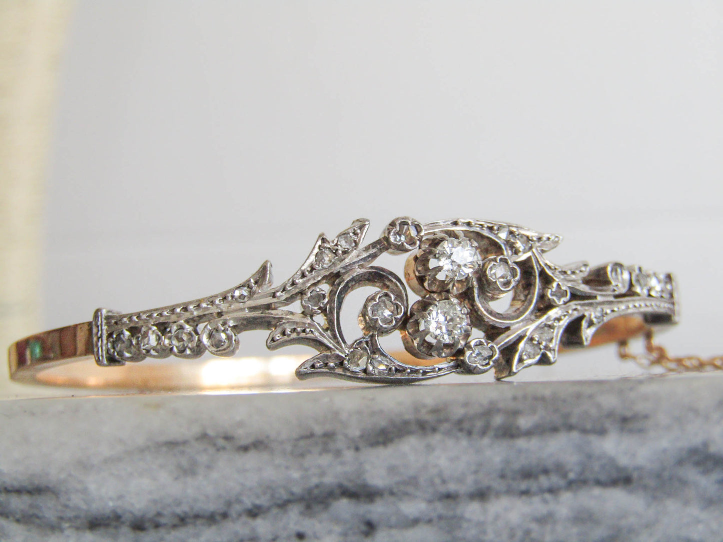 LAYAWAY 3/3 Antique 18K Diamond French Bangle Bracelet, Belle Epoque Art Nouveau Silver and Gold Bangle c. 1870