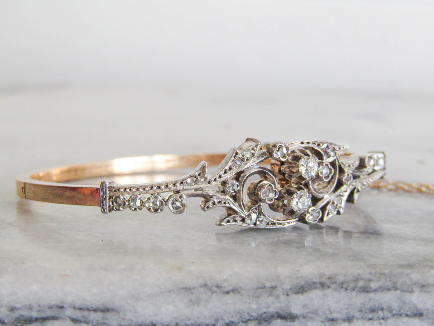 LAYAWAY 3/3 Antique 18K Diamond French Bangle Bracelet, Belle Epoque Art Nouveau Silver and Gold Bangle c. 1870