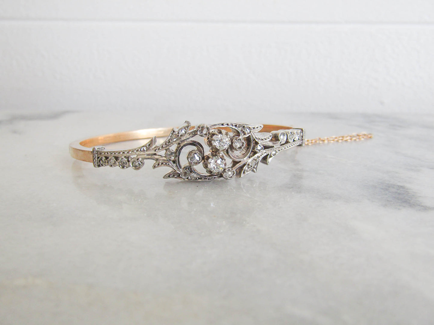 LAYAWAY 3/3 Antique 18K Diamond French Bangle Bracelet, Belle Epoque Art Nouveau Silver and Gold Bangle c. 1870