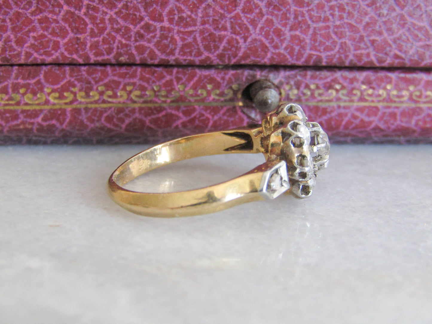 Edwardian 18K Gold and Platinum Diamond Daisy Cluster Ring, Antique French Ring c. 1900