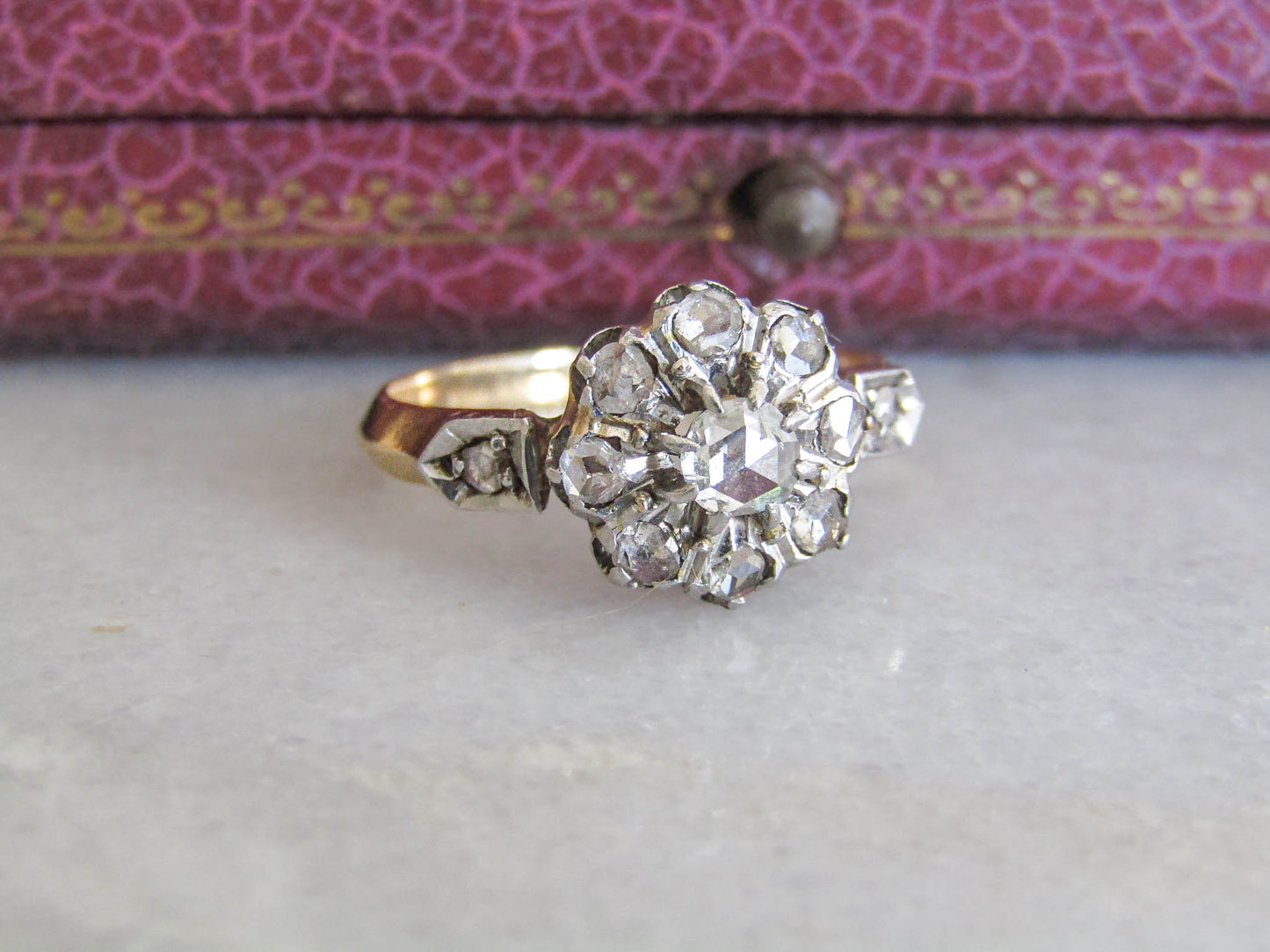 Edwardian 18K Gold and Platinum Diamond Daisy Cluster Ring, Antique French Ring c. 1900