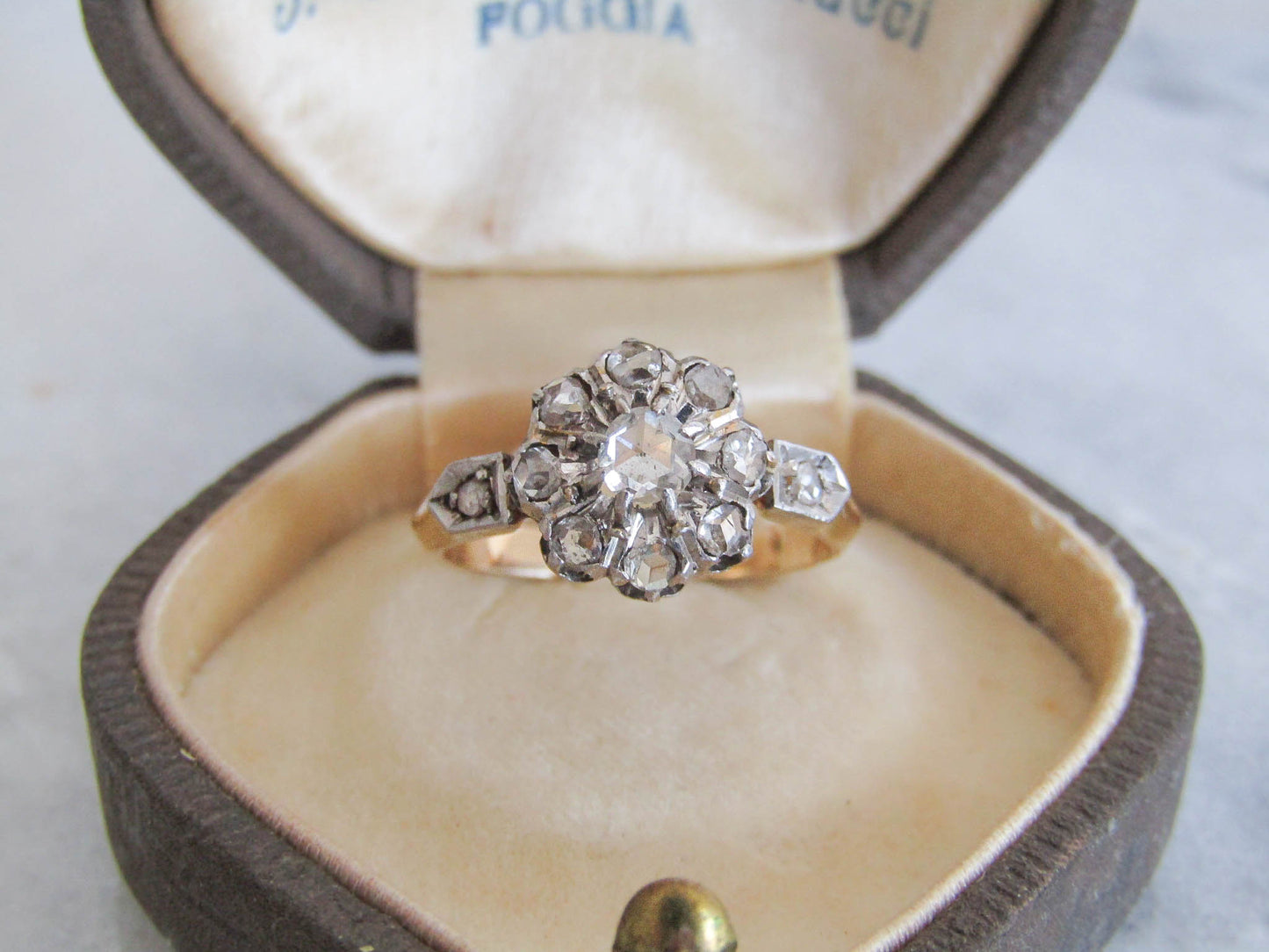 Edwardian 18K Gold and Platinum Diamond Daisy Cluster Ring, Antique French Ring c. 1900