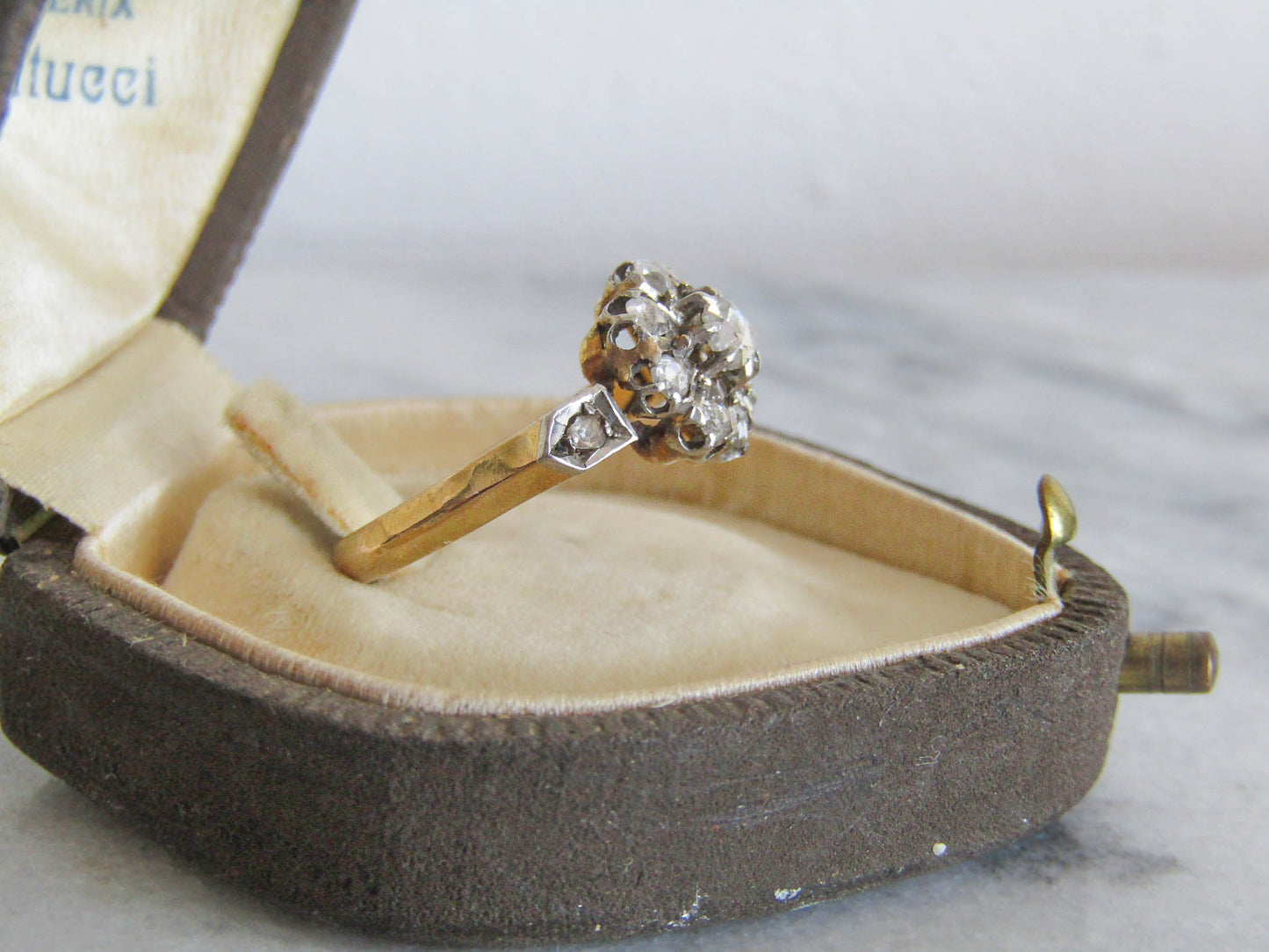 Edwardian 18K Gold and Platinum Diamond Daisy Cluster Ring, Antique French Ring c. 1900