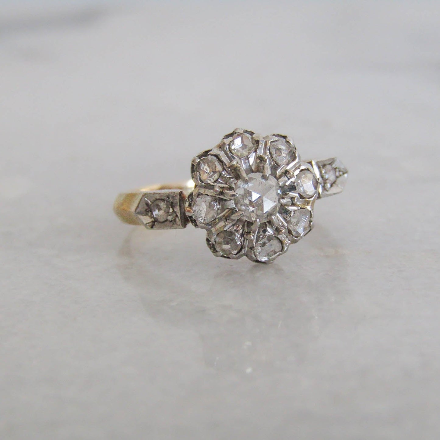 Edwardian 18K Gold and Platinum Diamond Daisy Cluster Ring, Antique French Ring c. 1900