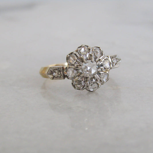 Edwardian 18K Gold and Platinum Diamond Daisy Cluster Ring, Antique French Ring c. 1900