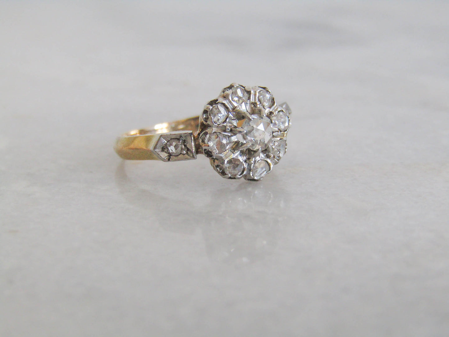 Edwardian 18K Gold and Platinum Diamond Daisy Cluster Ring, Antique French Ring c. 1900