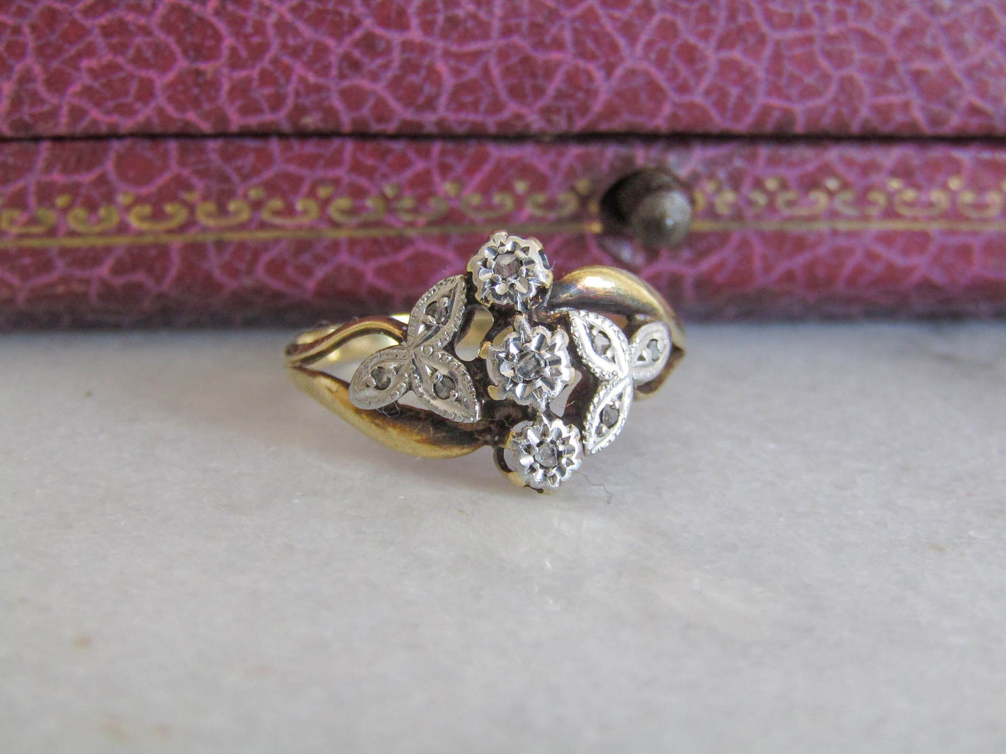 Antique 18K Yellow and White Gold Edwardian Diamond Ring, French Art Nouveau Stackable Ring c. 1900