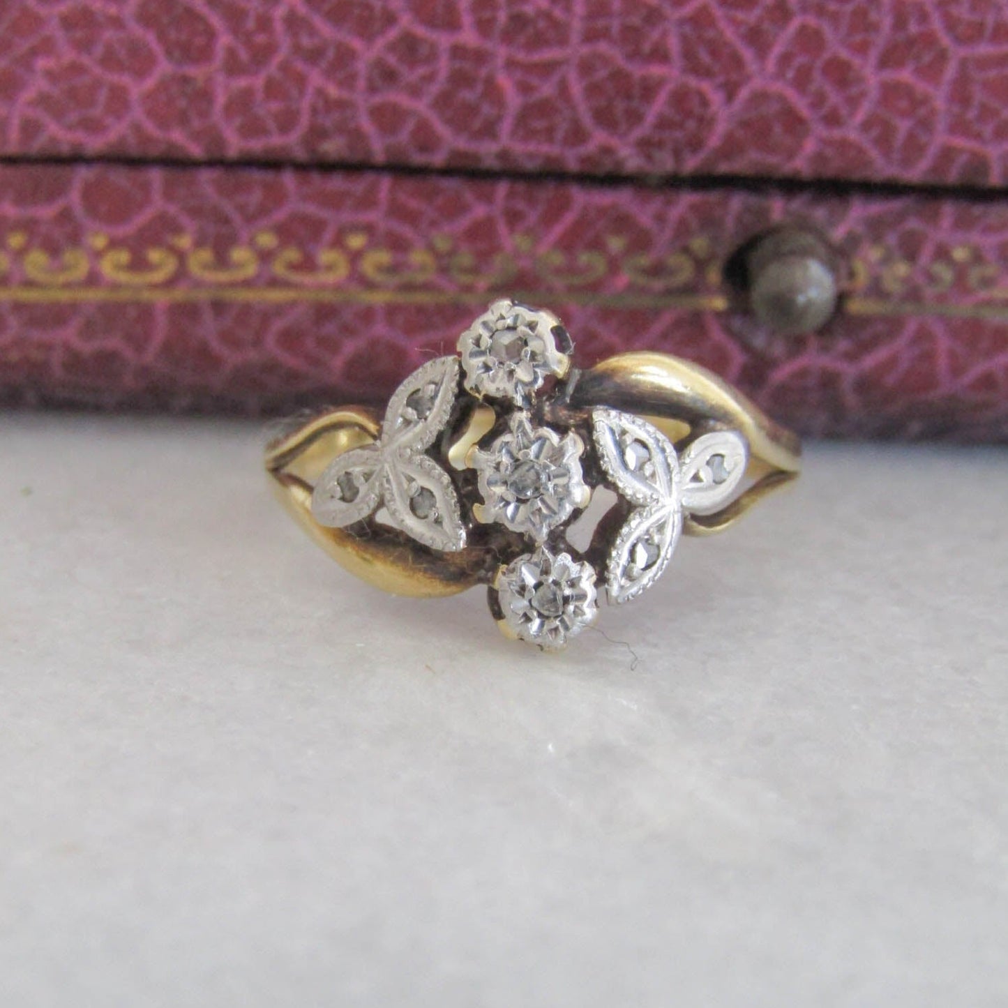 Antique 18K Yellow and White Gold Edwardian Diamond Ring, French Art Nouveau Stackable Ring c. 1900