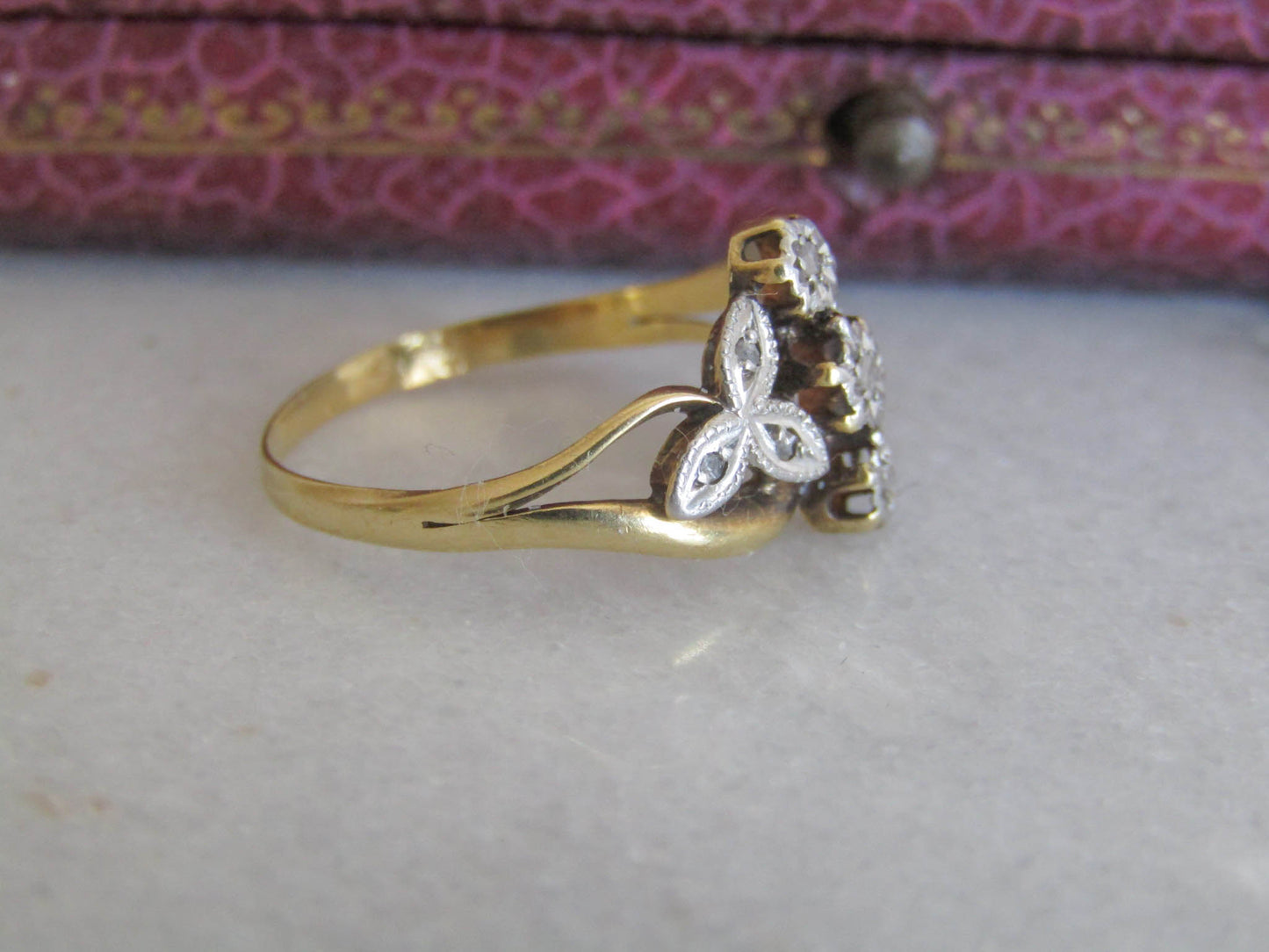 Antique 18K Yellow and White Gold Edwardian Diamond Ring, French Art Nouveau Stackable Ring c. 1900