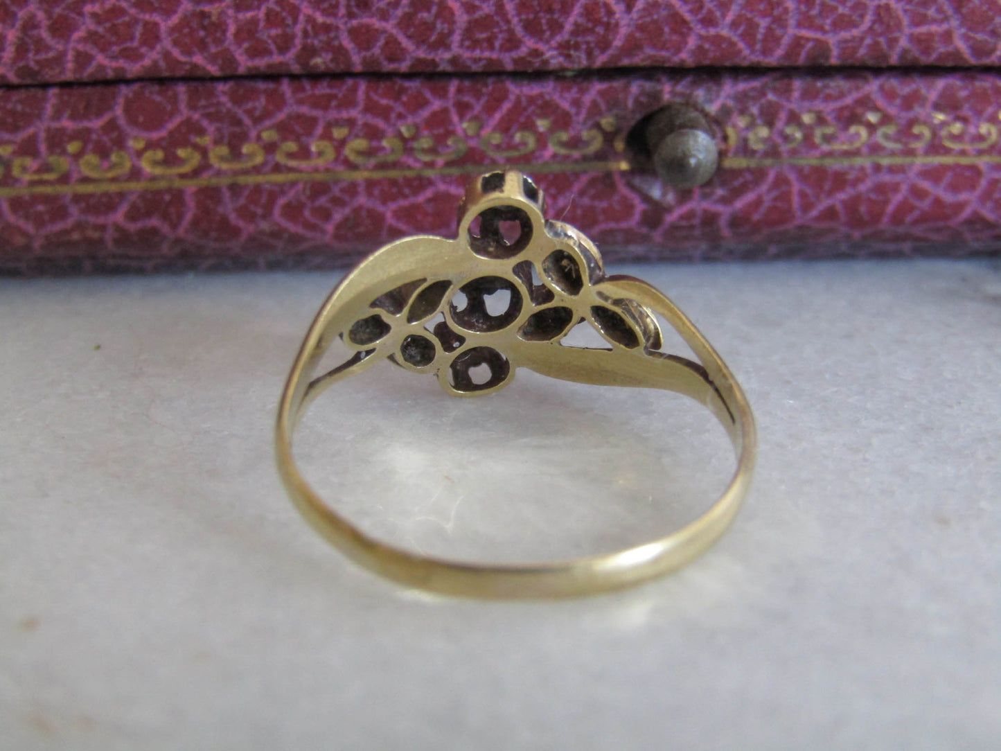 Antique 18K Yellow and White Gold Edwardian Diamond Ring, French Art Nouveau Stackable Ring c. 1900