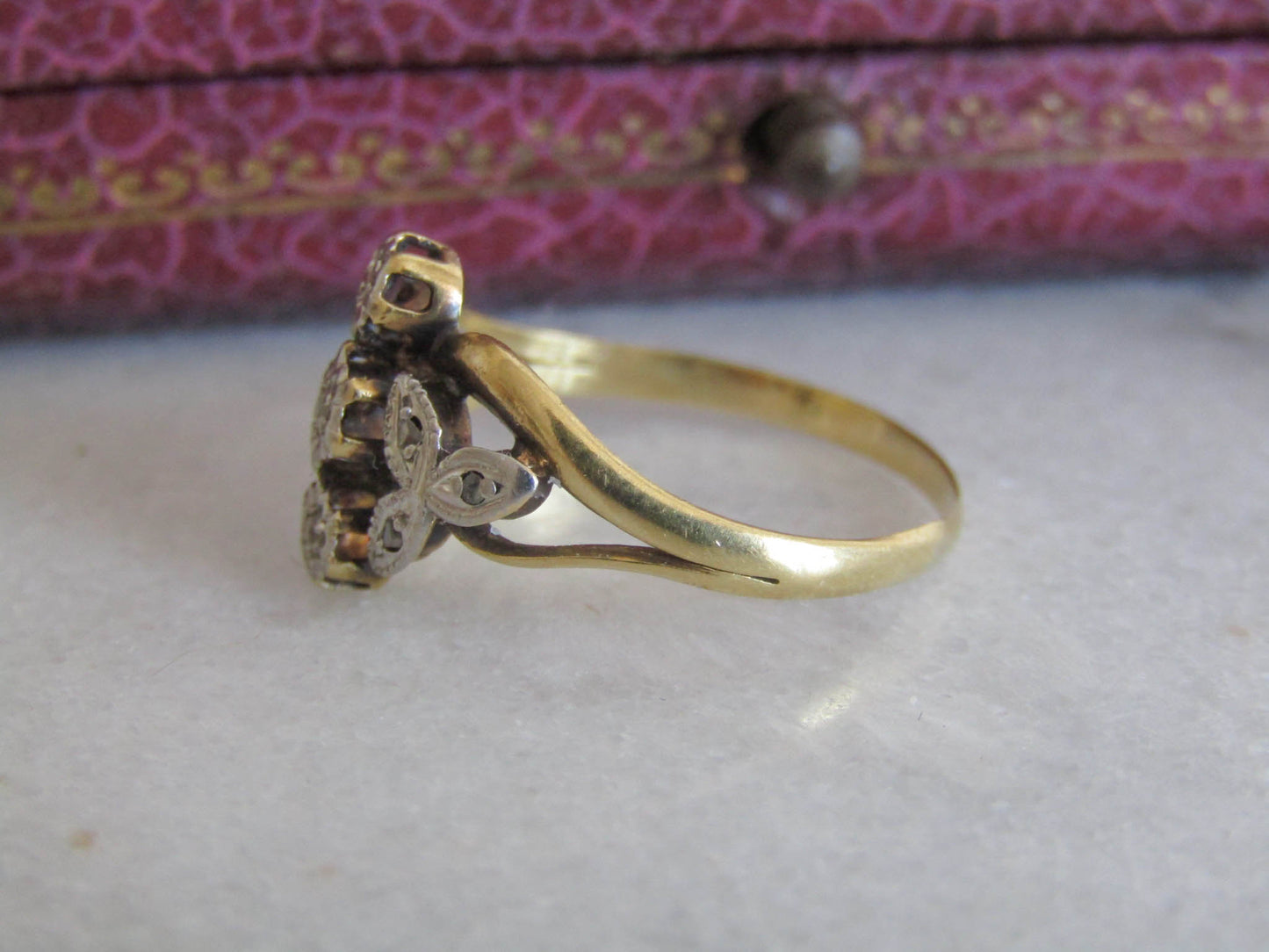 Antique 18K Yellow and White Gold Edwardian Diamond Ring, French Art Nouveau Stackable Ring c. 1900