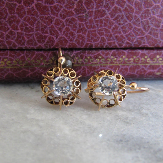 Victorian 14K Rose Gold Old Mine Cut Rock Crystal Sleeper Earrings, Antique French Belle Epoque OMC