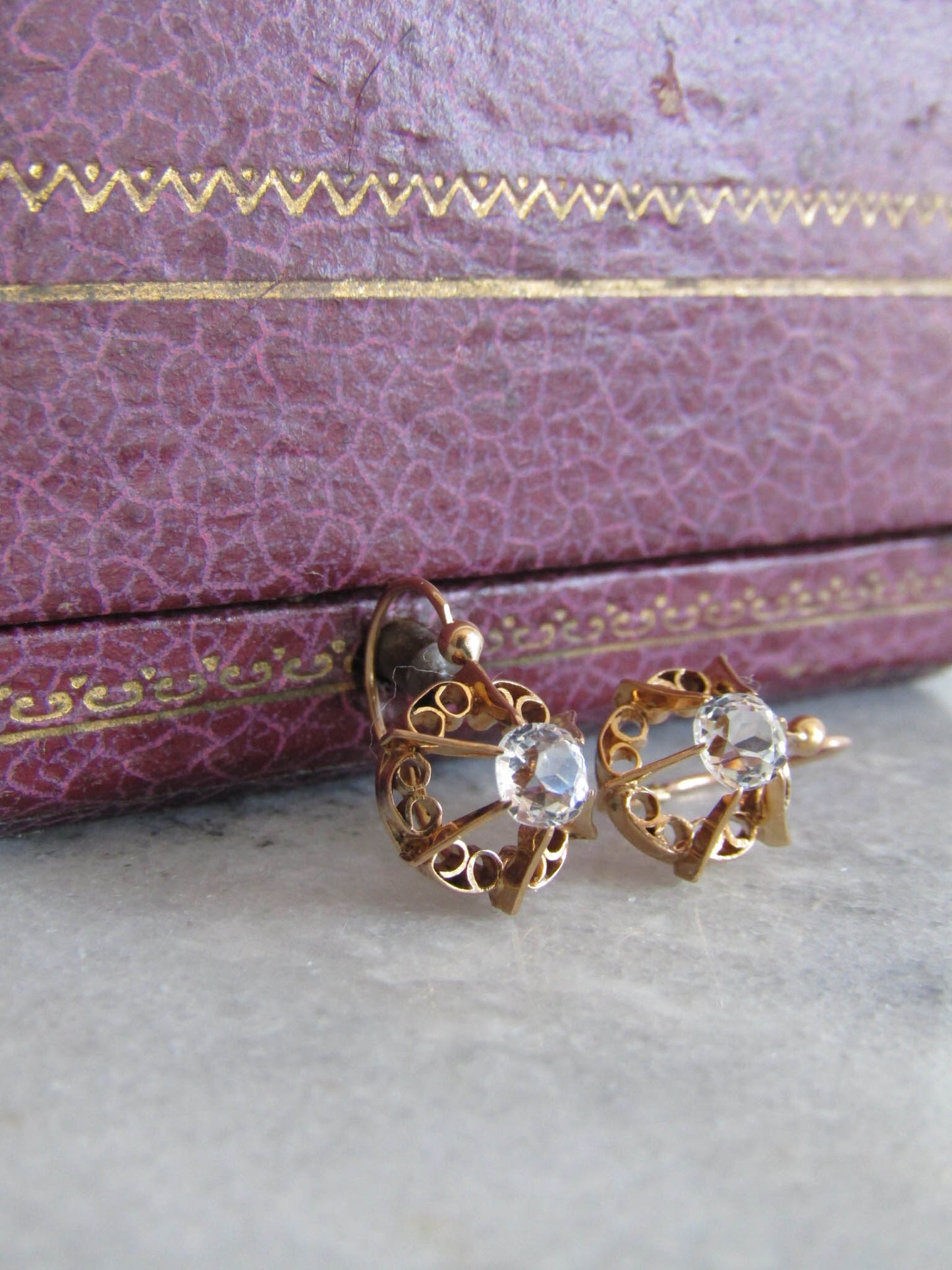 Victorian 14K Rose Gold Old Mine Cut Rock Crystal Sleeper Earrings, Antique French Belle Epoque OMC