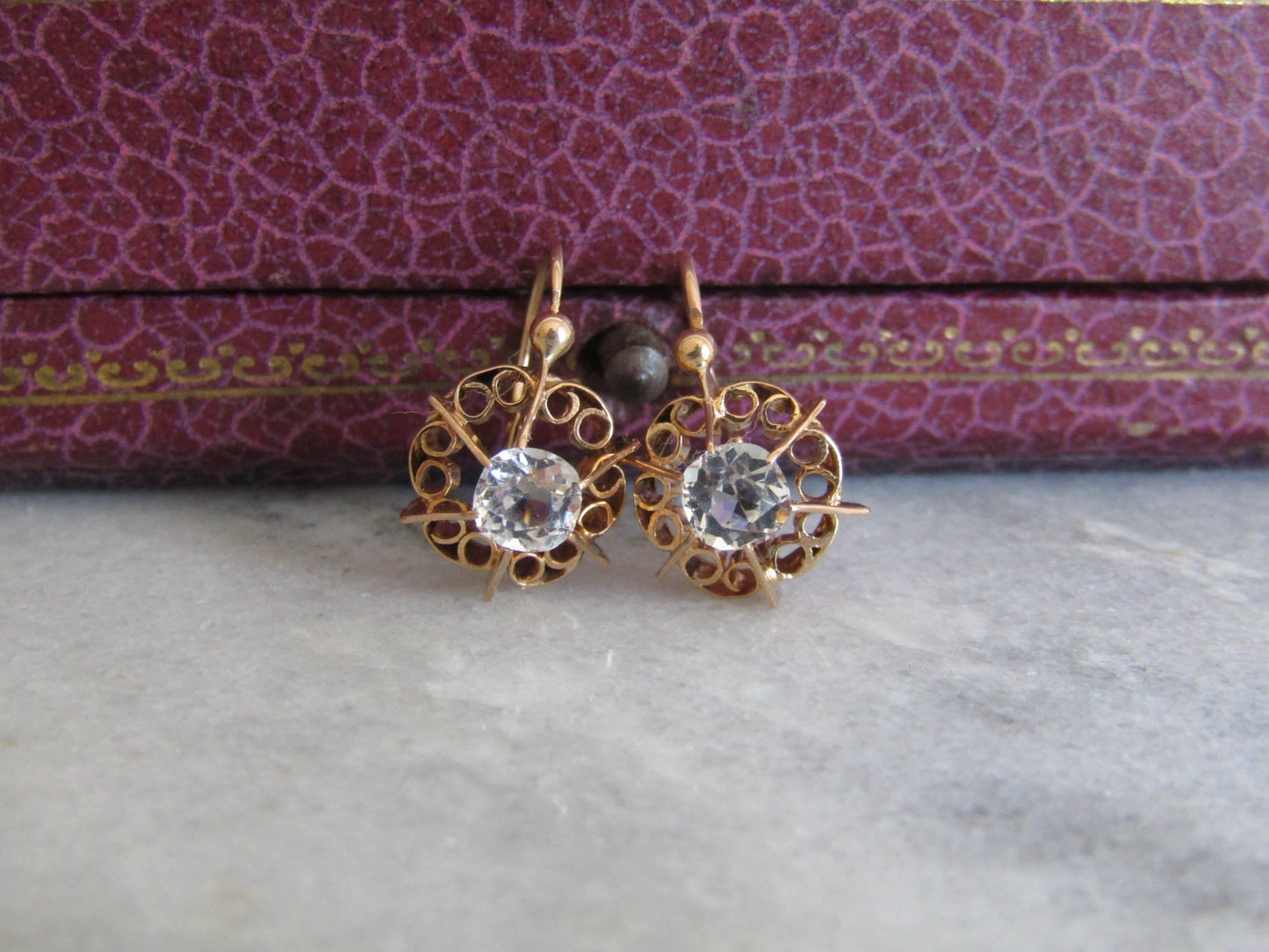 Victorian 14K Rose Gold Old Mine Cut Rock Crystal Sleeper Earrings, Antique French Belle Epoque OMC