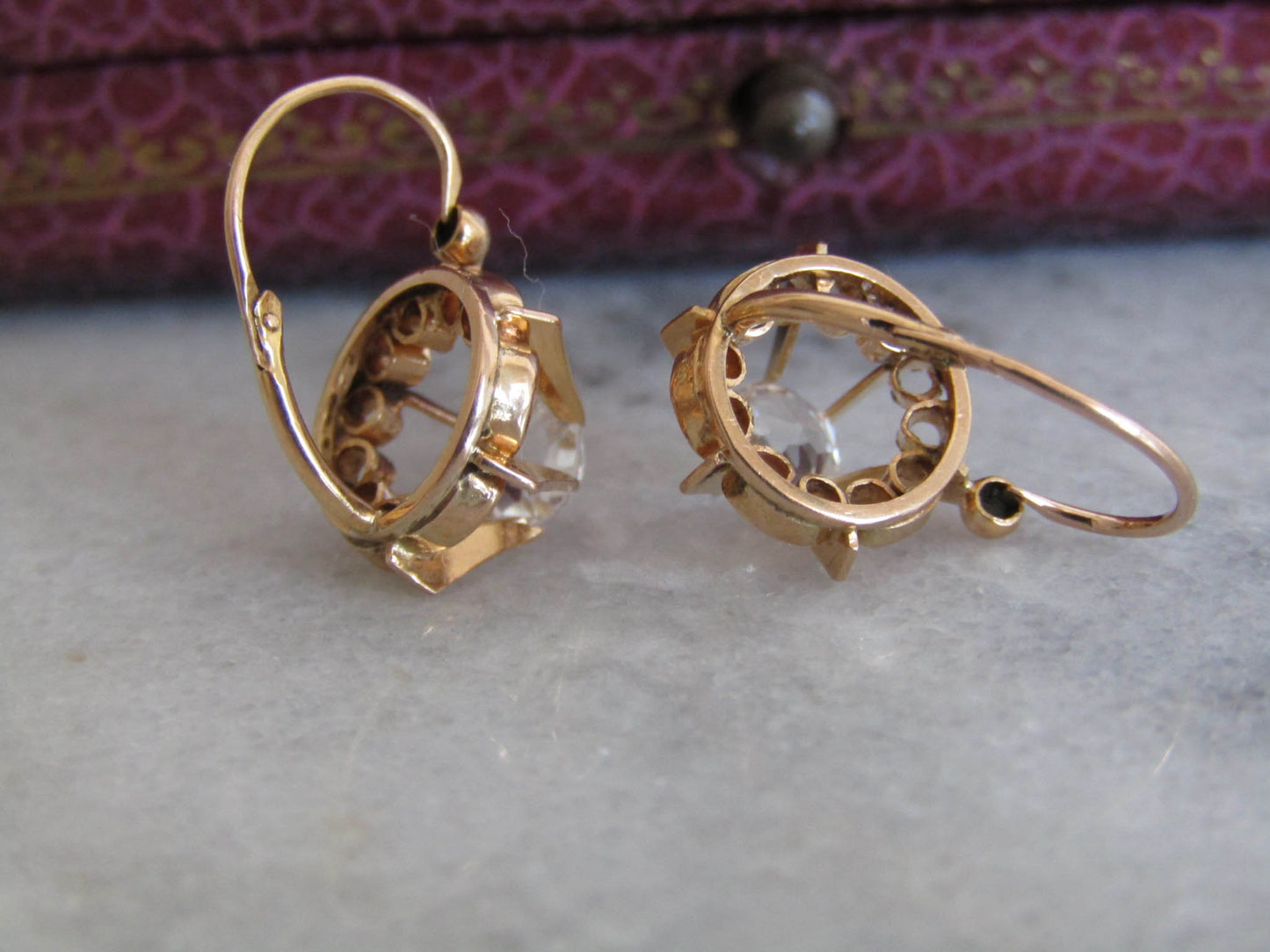 Victorian 14K Rose Gold Old Mine Cut Rock Crystal Sleeper Earrings, Antique French Belle Epoque OMC