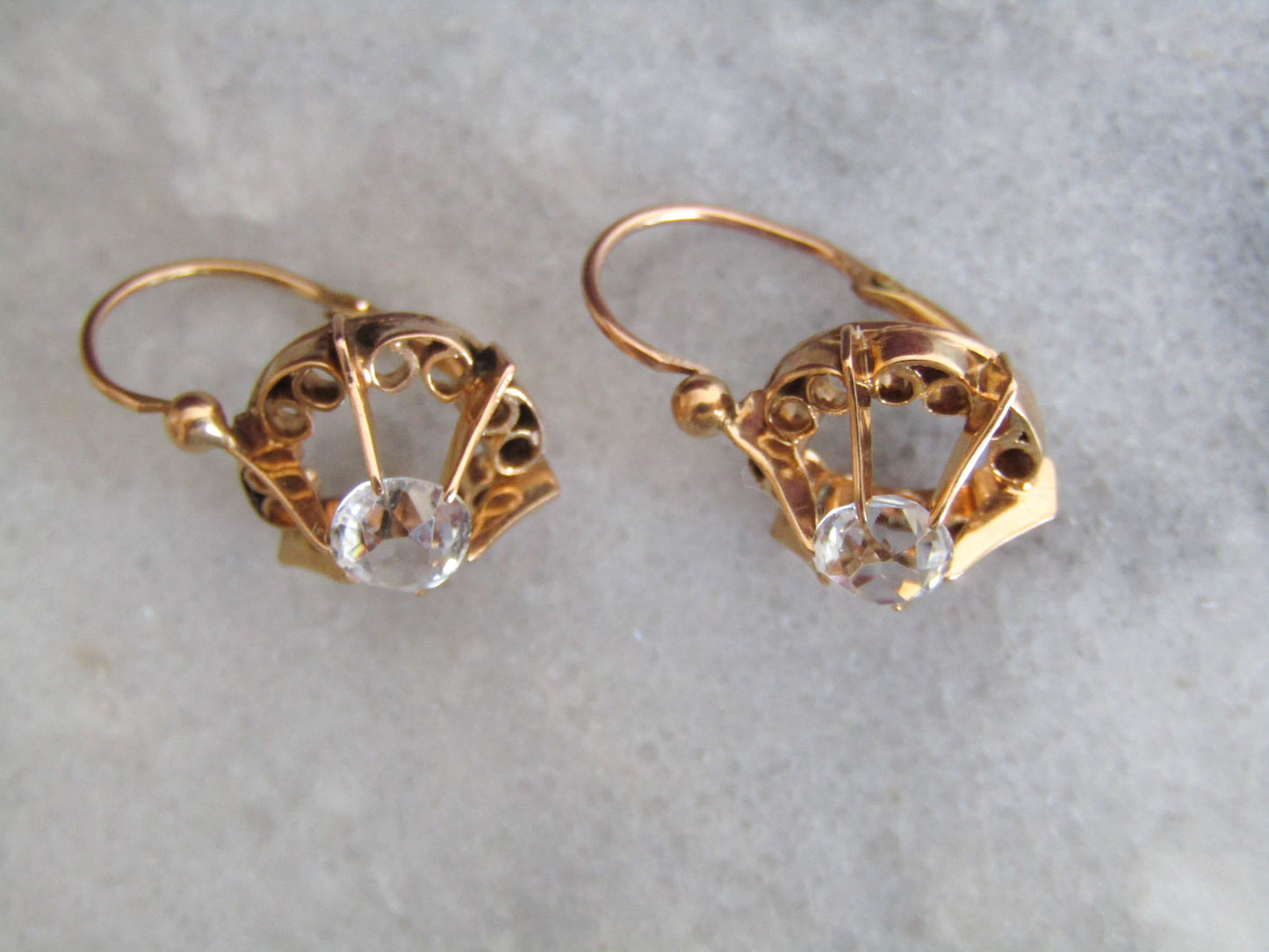 Victorian 14K Rose Gold Old Mine Cut Rock Crystal Sleeper Earrings, Antique French Belle Epoque OMC