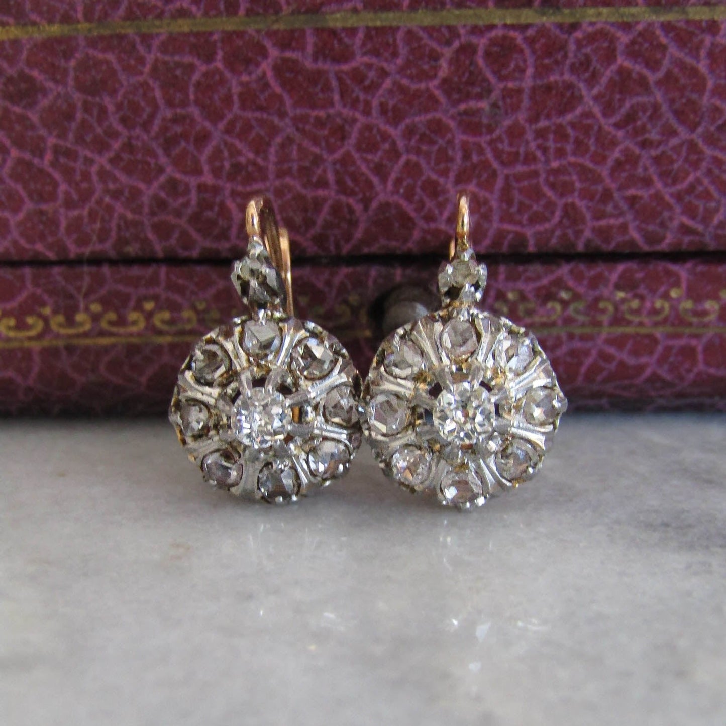 Antique Edwardian Diamond, Platinum, and Gold Daisy Cluster Earrings, Antique French Marguerite Diamond Earrings c. 1900