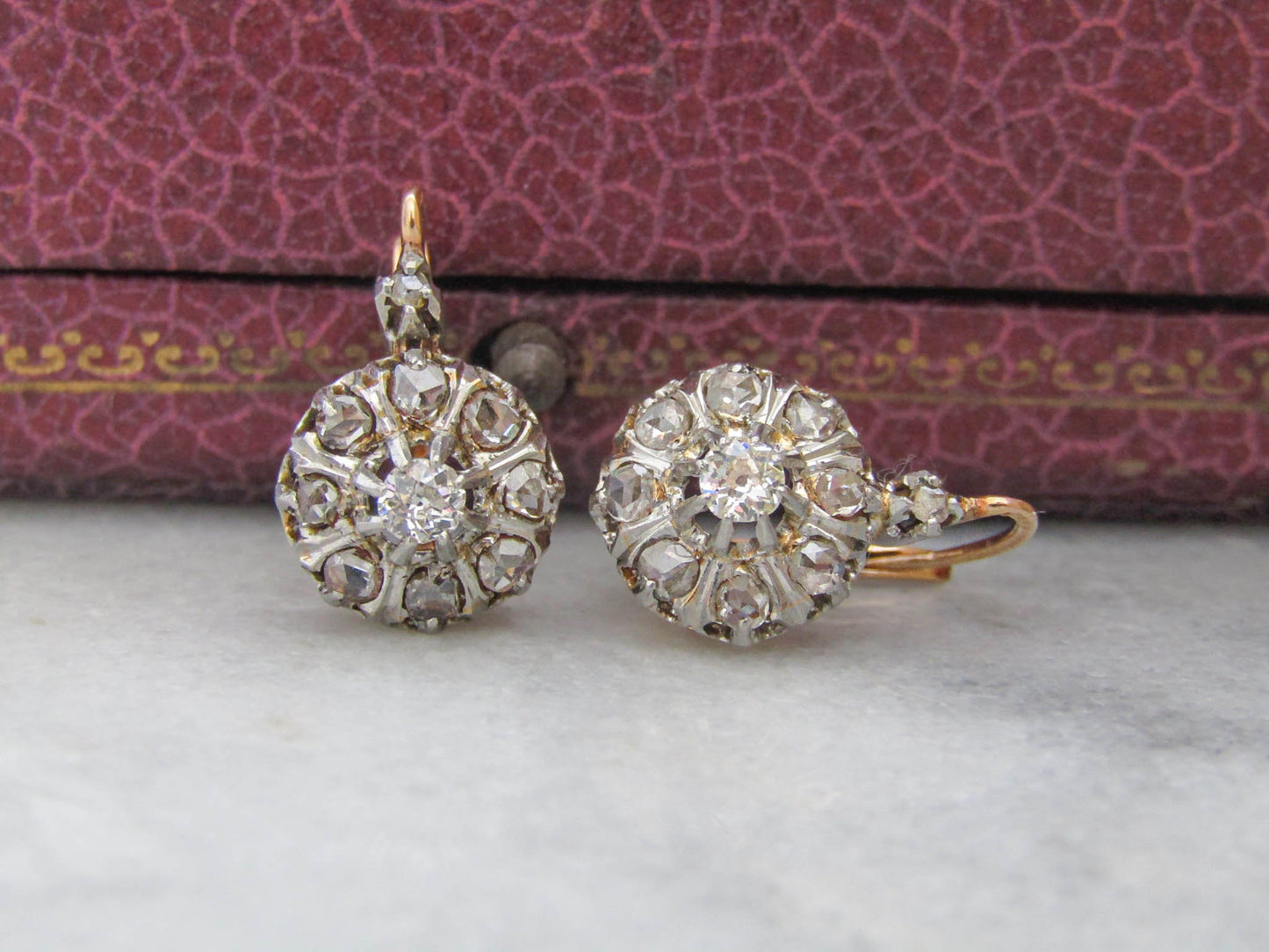 Antique Edwardian Diamond, Platinum, and Gold Daisy Cluster Earrings, Antique French Marguerite Diamond Earrings c. 1900