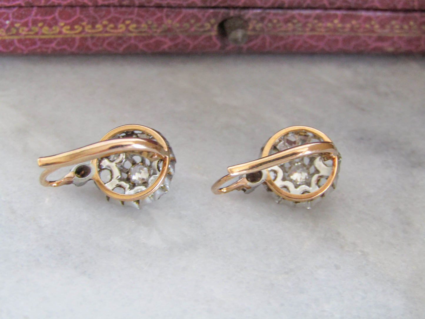 Antique Edwardian Diamond, Platinum, and Gold Daisy Cluster Earrings, Antique French Marguerite Diamond Earrings c. 1900